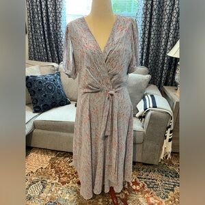Powder blue Halogen midi dress. Faux wrap. Delicate floral print. Size large.